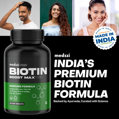 Medzzi Vitals Biotin Boost Max | Biotin for Hair Growth | Multivitamin Supplement for Strong Hair and Glowing Skin, Fights Nail Brittleness| For Both Men & Women| 60 Veg