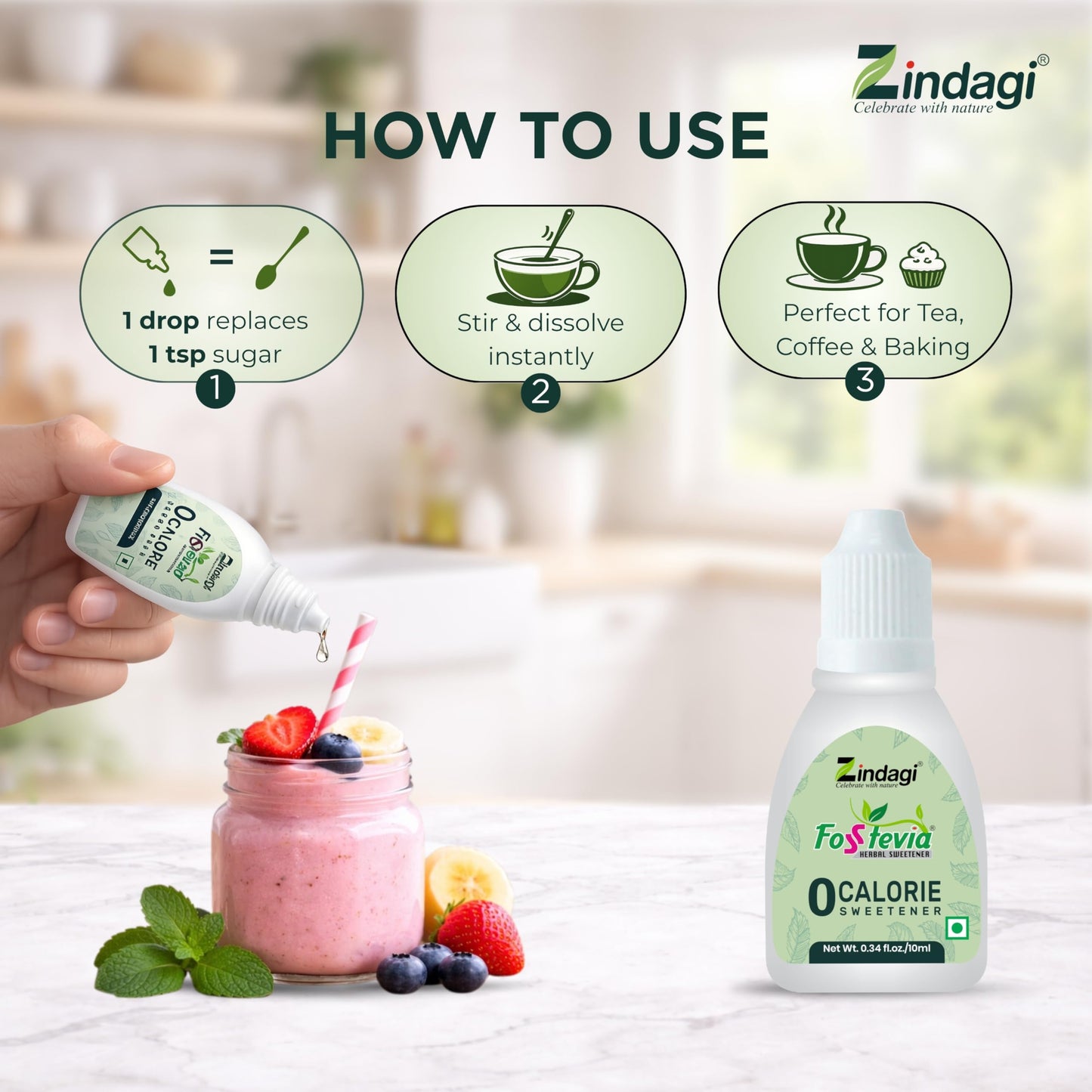 Zindagi Stevia Liquid Drops | Zero Calorie & Sugar Free Sweetener | 200 Servings