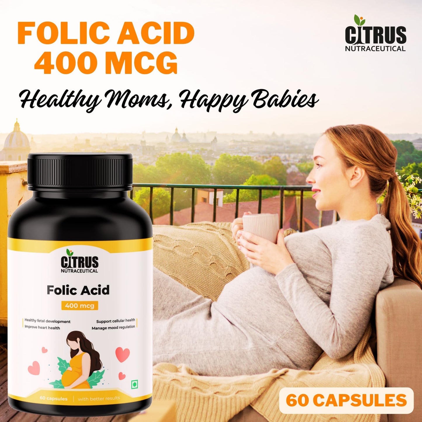CITRUS NUTRACEUTICAL Folic Acid For Healthy fetal development, Heart, blood and celullar health- 60 Capsules (Pack of 2)