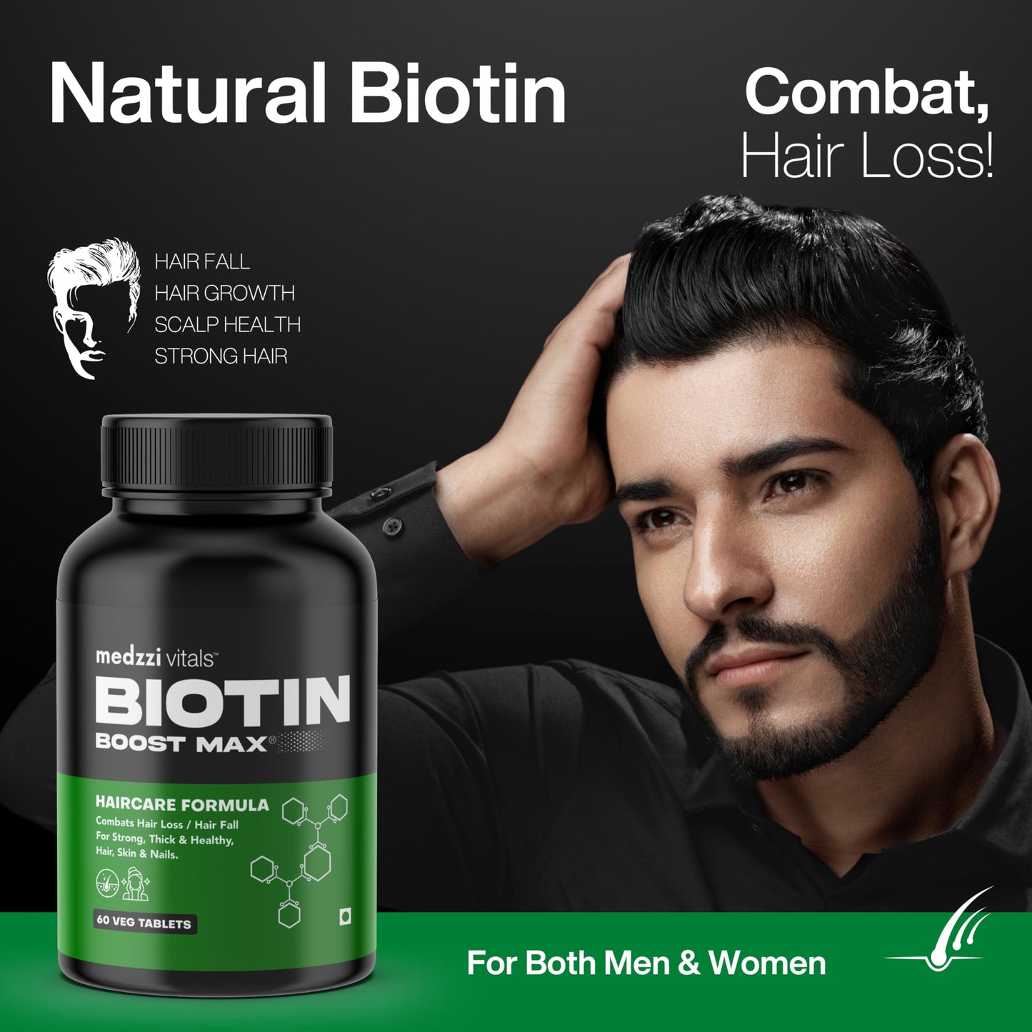 Medzzi Vitals Biotin Boost Max | Biotin for Hair Growth | Multivitamin Supplement for Strong Hair and Glowing Skin, Fights Nail Brittleness| For Both Men & Women| 60 Veg