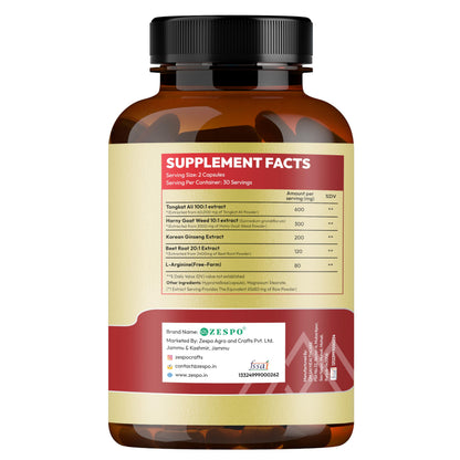 ZESPO Tongkat Ali 100:1 Extract 1300mg 5-in-1 with Korean Ginseng, Beet Root 20:1, L-Arginine & Epimedium Grandiflorum | 60 Veg Capsules | 30 Servings | Herbal Supplement