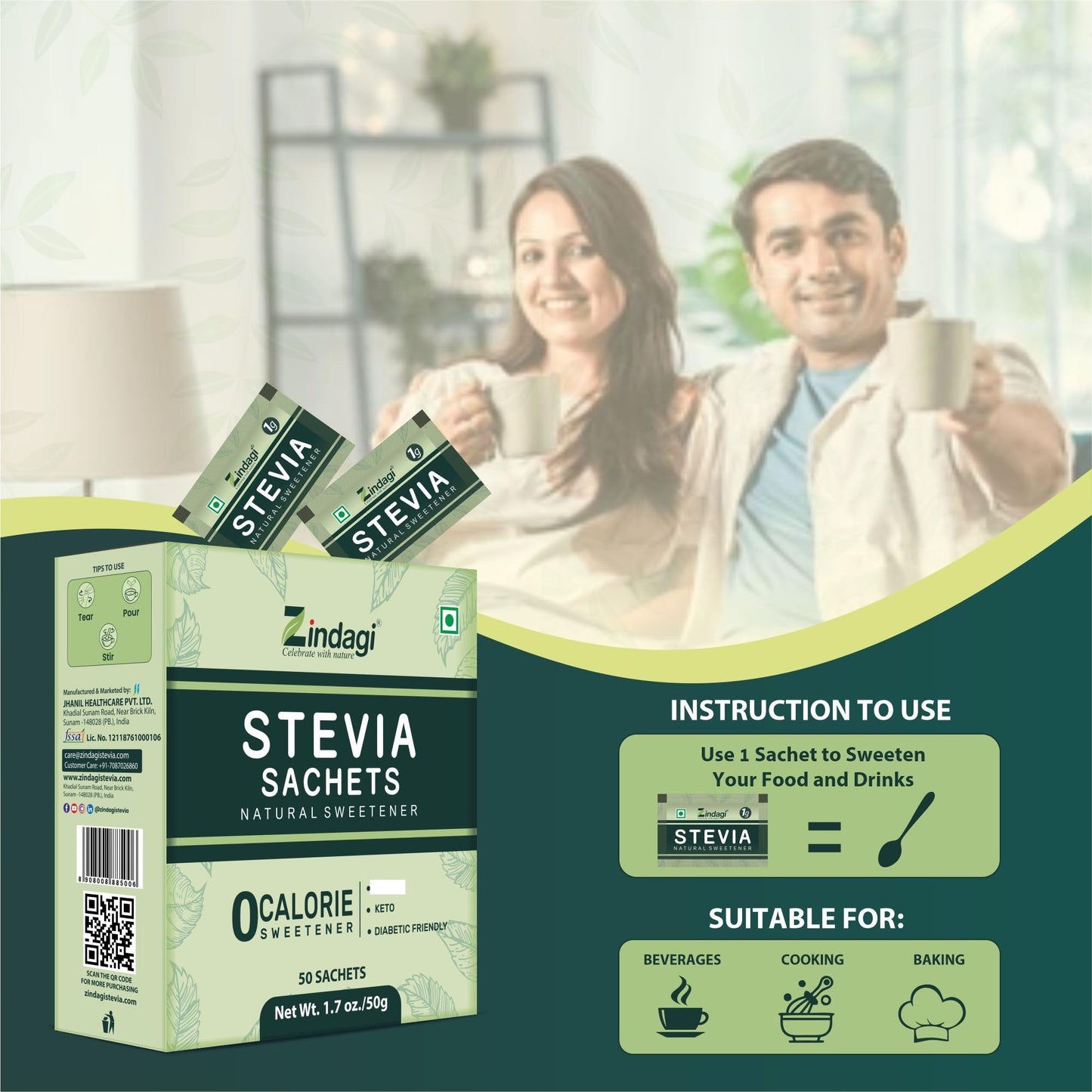 Zindagi Stevia Sugar Free Powder Sachets | 100% Natural & Diabetic Friendly Sweetener | Zero Calorie Sugar | 100 Sachets