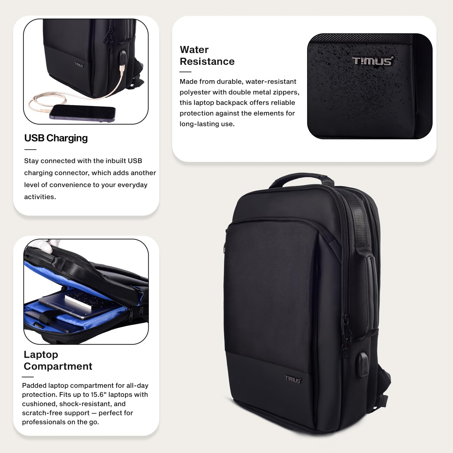 Timus Paris Black Professional Laptop Bag for Men & Women 23 L with 15.6 Inch Laptop Compartment | Water resistant with USB Port Anti-Theft Backpack| Premium Polyester Fabric