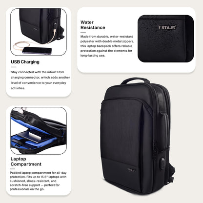 Timus Paris Black Professional Laptop Bag for Men & Women 23 L with 15.6 Inch Laptop Compartment | Water resistant with USB Port Anti-Theft Backpack| Premium Polyester Fabric