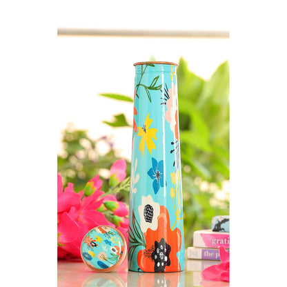 Indian Art Villa Copper Tube Slim Bottle in Turquoise Comic/Cartoonish Floral Print, Volume - 750 ML, Pack of 2