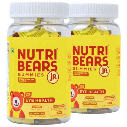 NutriBears Kids Eye Health Gummies | Lutein + Astaxanthin + DHA + Zeaxanthin | Screen Time Eye Care | No Artificial Colours | USFDA-Registered | Vegetarian | Ages 2–12 | Strawberry | 60 Gummies