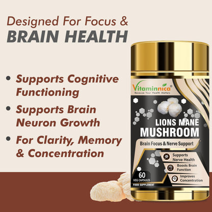 Vitaminnica Lion's Mane Mushroom 500mg- 60 Vegan Capsules | Nootropics for Brain Health & Focus