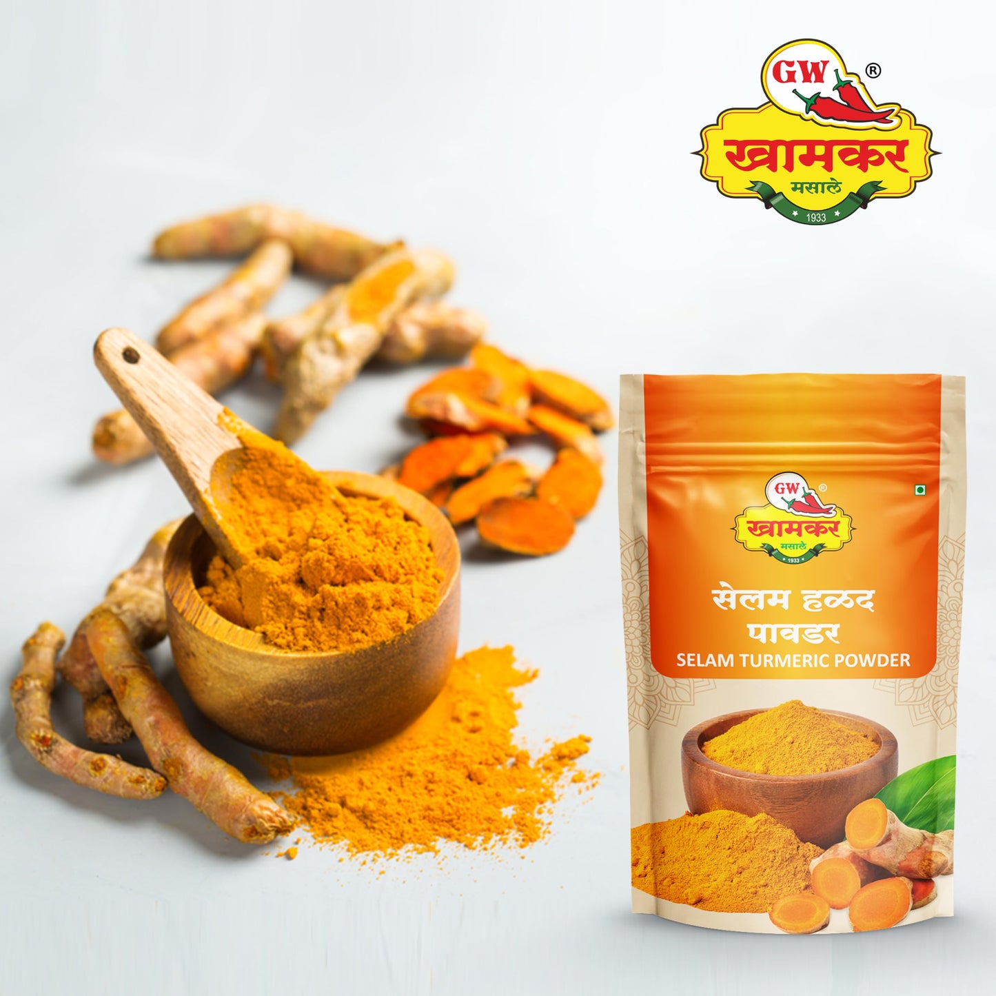GW Khamkar Selam Halad Powder | Rich in Aroma & Colour | Traditionally Pounded | Cold Pressed | Sourced from Selam Region | Immunity-Boosting Natural Turmeric | Pure & Natural Spices | No Artificial colour and Preservatives | Pack of 1- 185GM