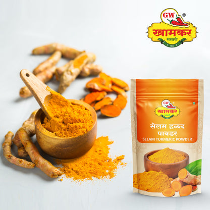 GW Khamkar Selam Halad Powder | Rich in Aroma & Colour | Traditionally Pounded | Cold Pressed | Sourced from Selam Region | Immunity-Boosting Natural Turmeric | Pure & Natural Spices | No Artificial colour and Preservatives | Pack of 1- 185GM
