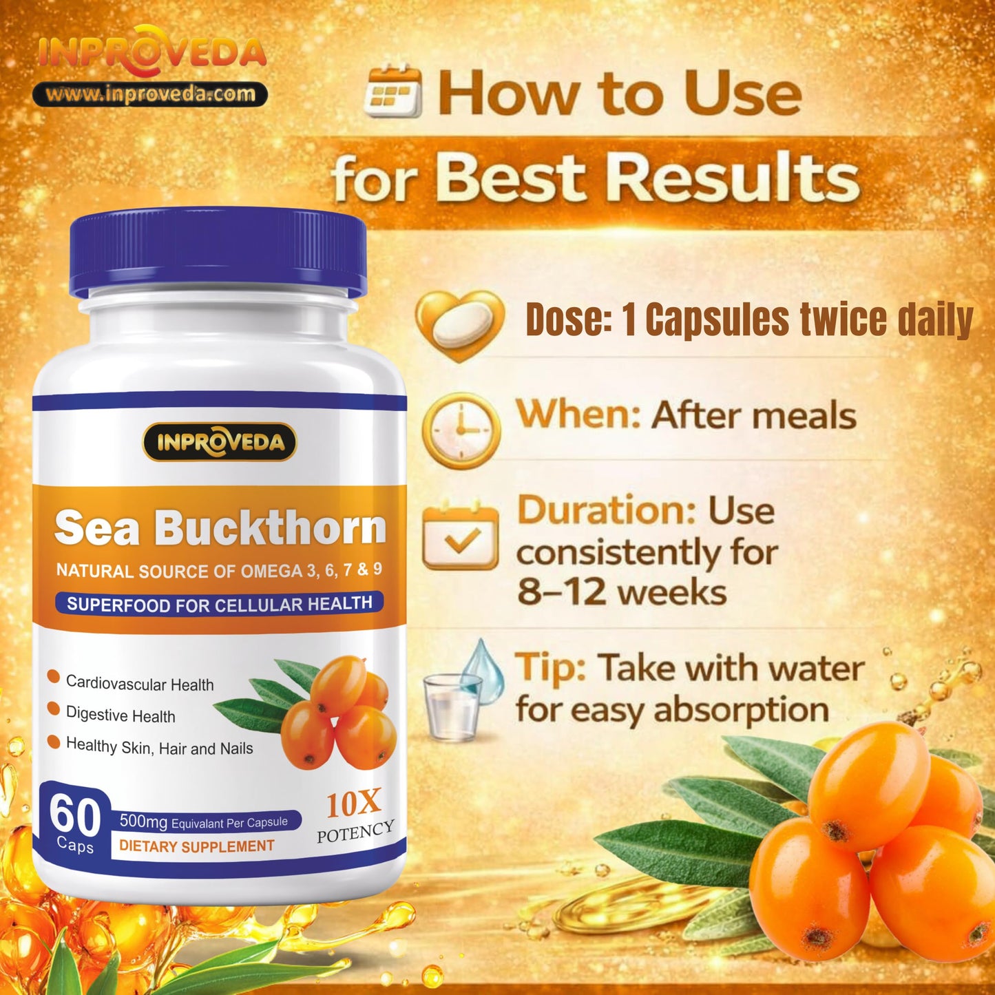 Sea Buckthorn 500mg Capsules for Daily Wellness & Skin Nutrition | Natural Herbal Supplement for Active Lifestyle & Overall Health Support | Monthly Pack - 60Capsules