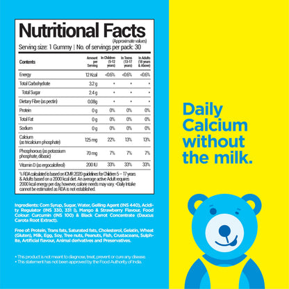 NutriBears Kids Calcium Gummies | 125mg Calcium + Vitamin D | No Artificial Colours | Supports Strong Bones & Teeth | USFDA-Registered | Vegetarian | Age 2-12 | Mango & Strawberry | 30 Gummy Bears