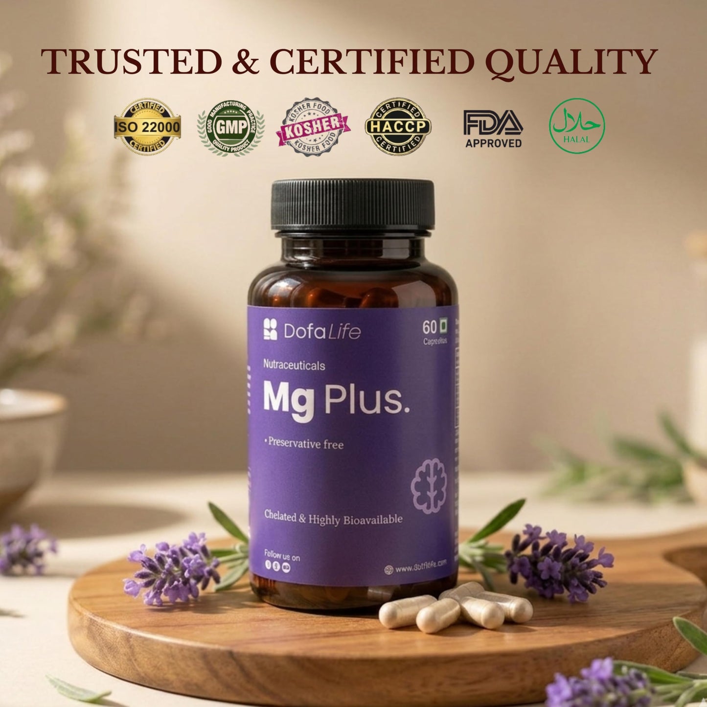DofaLife Magnesium Glycinate Capsules 1000mg | Highly Absorbable Chelated Magnesium | Supports Muscle Recovery, Sleep, Bones & Nerve Health | 60 Veg Capsules