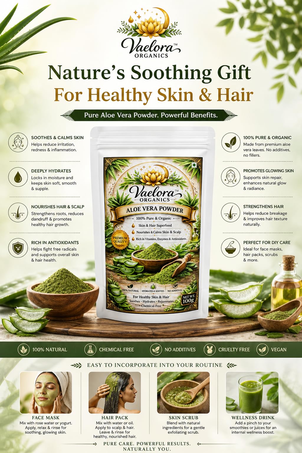 Vaelora Organics Aloe Vera Powder (Pack of 2 x 100g) – 100% Pure & Natural for Skin Hydration, Face Pack & Hair Care | Soothing & Nourishing | Chemical-Free (200g)