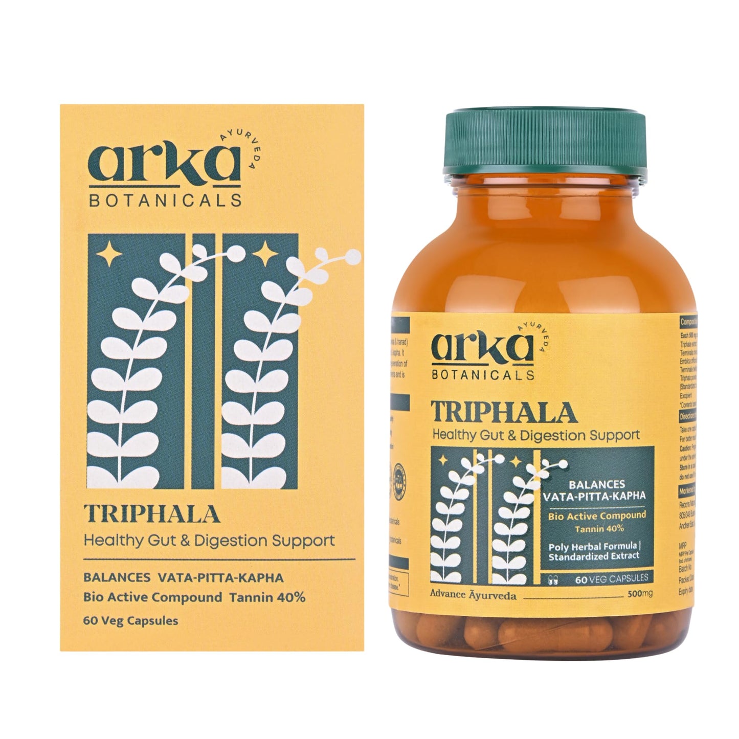 Arka Botanicals Triphala 60 Veg Capsules | Natural Ayurvedic Formula for Gut Wellness & Digestion Support | Herbal Supplement for Bowel Health & Daily Detox | Plant-Based Cleanse