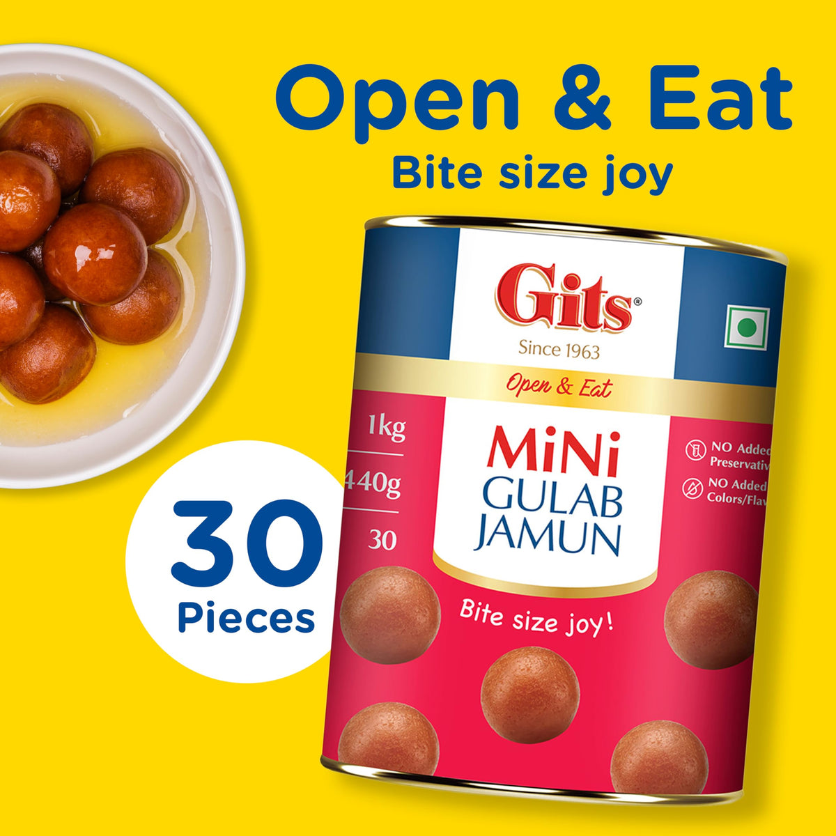 Gits Open & Eat Mini Gulab Jamun, 30 Pieces Per Can, Mouth-Watering Indian Mithai, 1Kg