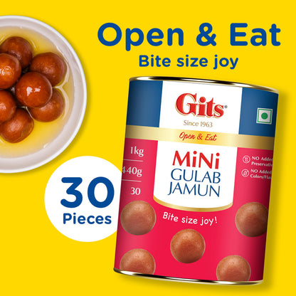Gits Open & Eat Mini Gulab Jamun, 30 Pieces Per Can, Mouth-Watering Indian Mithai, 1Kg