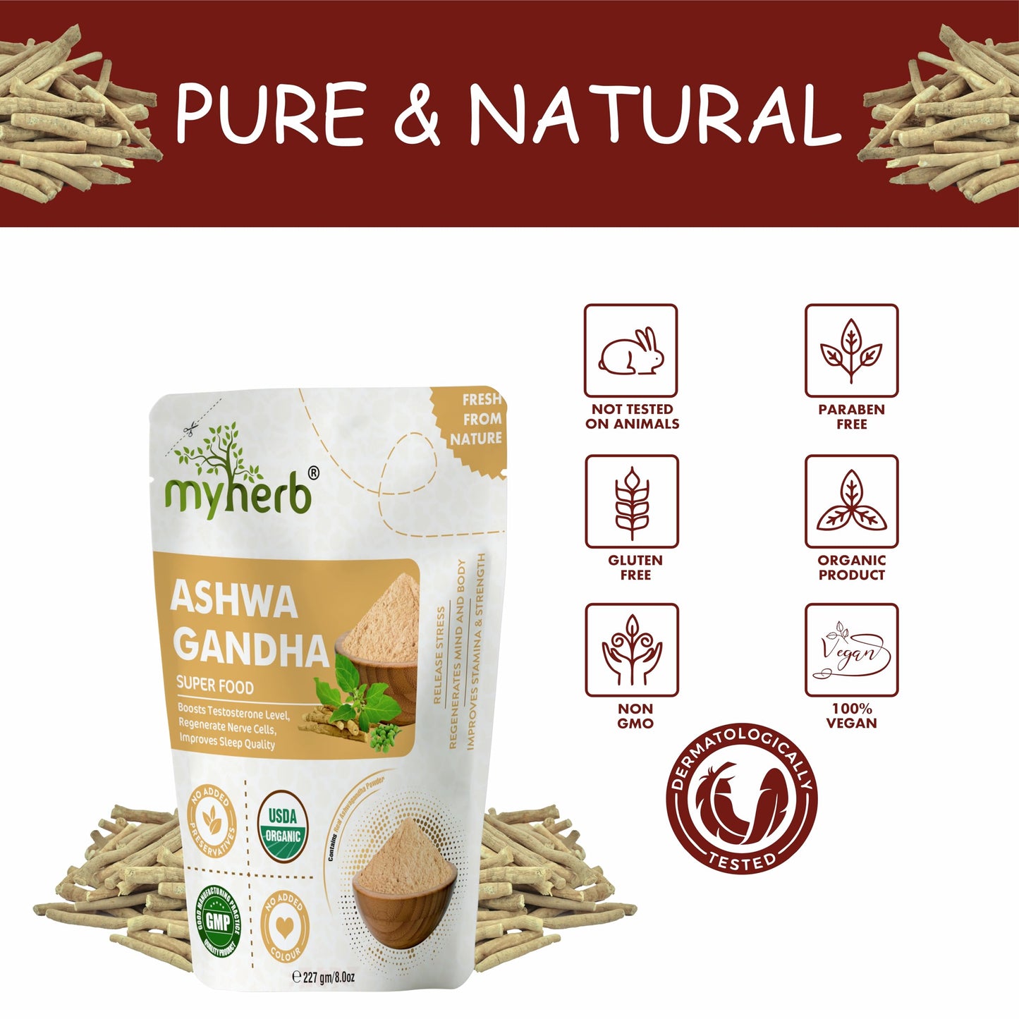 MYHERB 100% Pure Natural Organic Ashwagandha Powder || 227 Gm || Withania Somnifera || Ayurvedic Formula || Support for Stress-free Living- For Men And Women