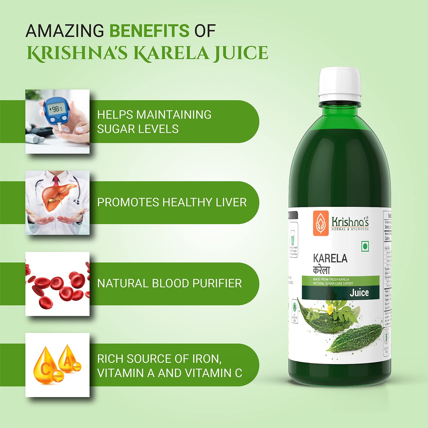 Krishna's Karela Juice - 500 ml | Fresh Karela | Ayurevedic Formulation to maintain Sugar Level | Enriched with Vitamin C - Vitamin A | Sugar free Juice with No Added Color or Flavour