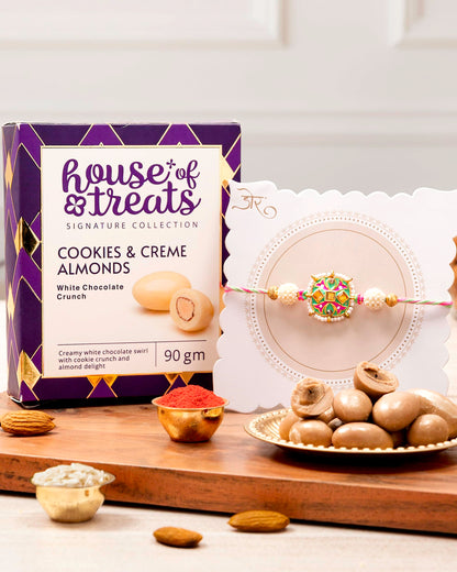 HyperFoods® Rakhi with Chocolates Gift for Brother Cookies and Creme Almonds 90 Grams Chocolate Gift Pack Rakhi for Brother with Chocolates Pink Sky Rakhis with Roli and Rice Chocolate Gift