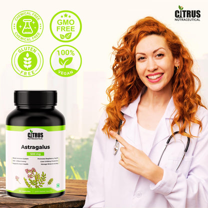 CITRUS NUTRACEUTICAL Astragalus Extract 500 mg For Antioxidant, Boost Immunity, Supports Heart, Lungs, Kidney and Liver Health- 60 Capsules