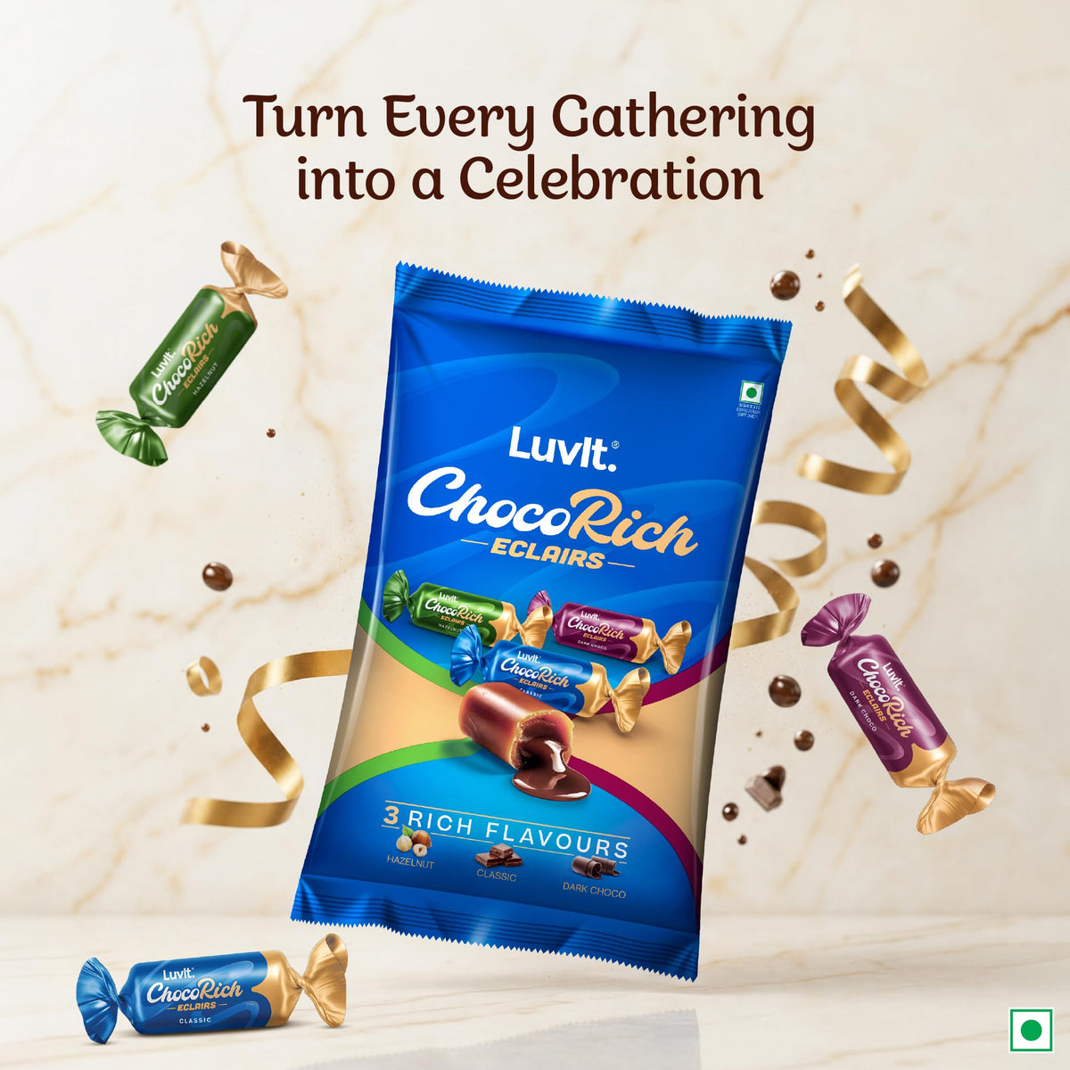LuvIt. Chocorich Assorted Eclairs Chocolate Birthday Pack | Hazelnut, Dark Choco & Classic | 60 Pieces - 480 Gm