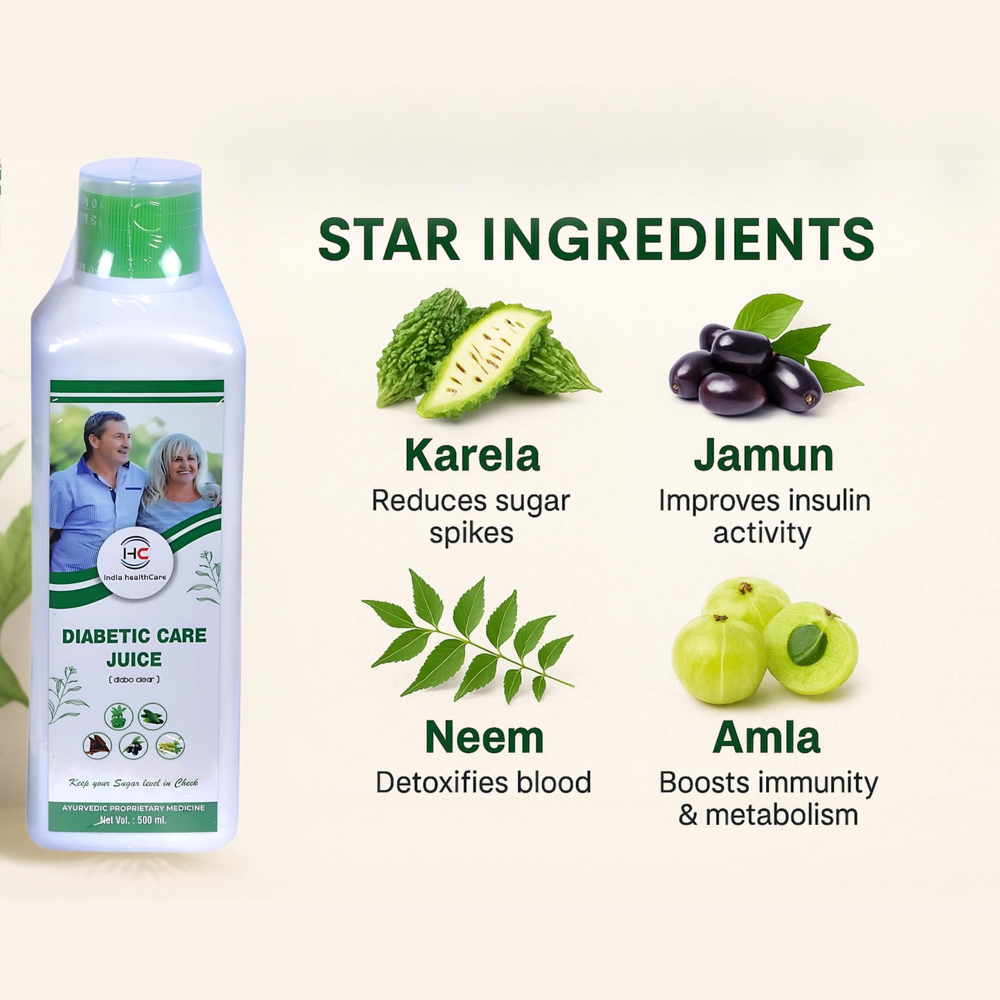 IHC Diabetic Care Juice | Sugar Control Juice | Blend of7 Herbs Jamun, Neem, Karela, Giloy, Haldi, Triphala, Arjun | Helps Control Blood Sugar Level & Reduces Bad Cholesterol | Good for Metabolic & Digestive Health | Health Juice For Diabetic Care (500ml)