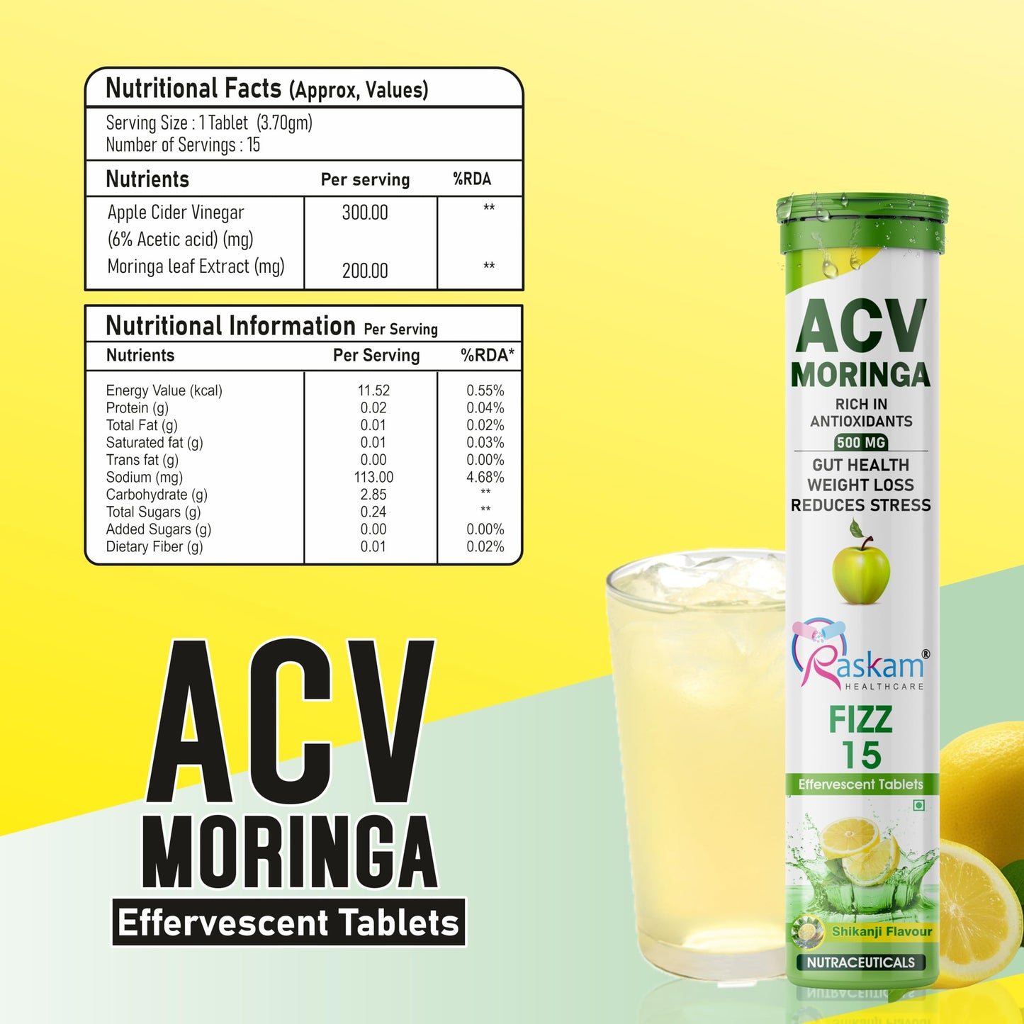 Raskam ACV Moringa Effervescent Tablets | 15 Tablets, 500mg Natural Energy & Immunity Booster with Antioxidants (Shikanji) Pack of 1
