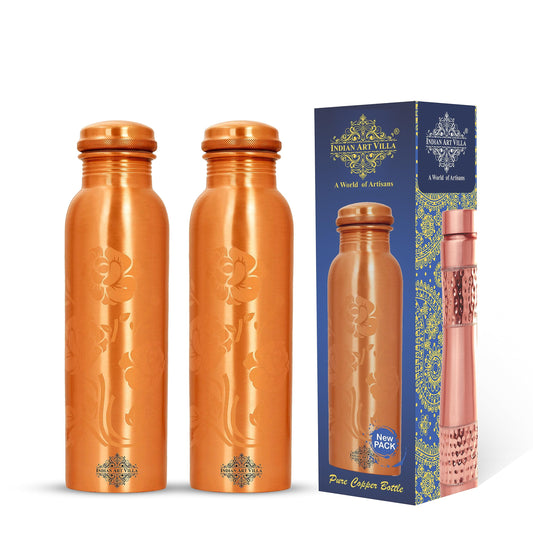 INDIAN ART VILLA Pure Copper Water Bottle With Colour Changing Magical Floral Rose Design, Drinkware & Storage Purpose, Ayurvedic Health Benefits, Volume-1 litre, Pack of 2