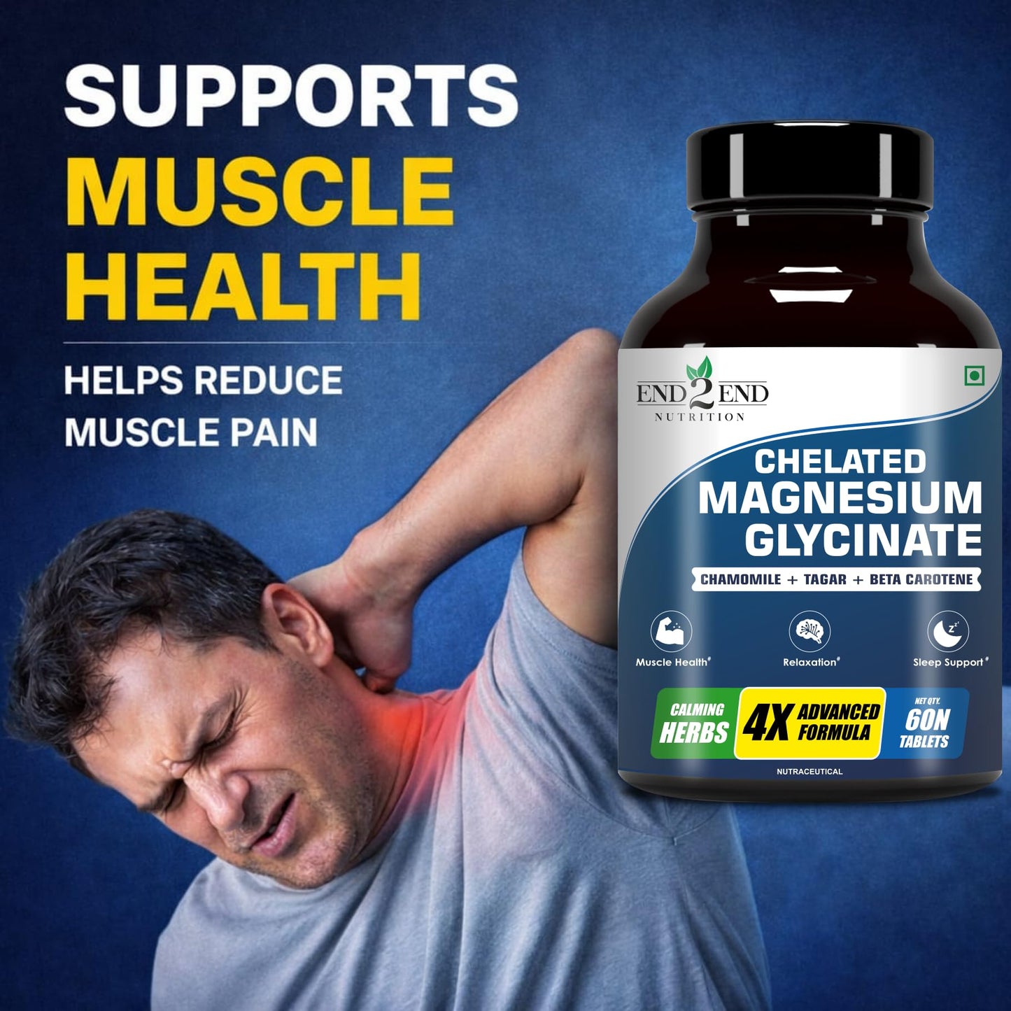 End2End Nutrition Magnesium Glycinate with Chamomile, Tagar, Beta Carotine and Vitamin B6 | High Absorption Magnesium Supplement Supports Better Sleep & Muscle Recovery - (Pack of 3) 180 Tablets