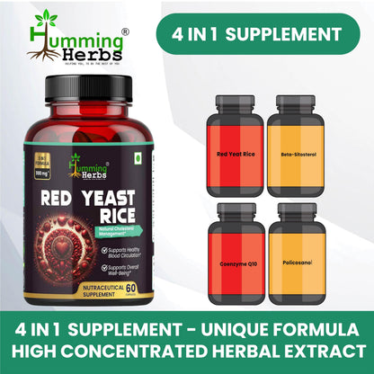 Humming Herbs Red Yeast Rice 500mg - Natural Cholesterol Support with CoQ10, Policosanol & Lycopene - Promotes Heart Health & Blood Circulation