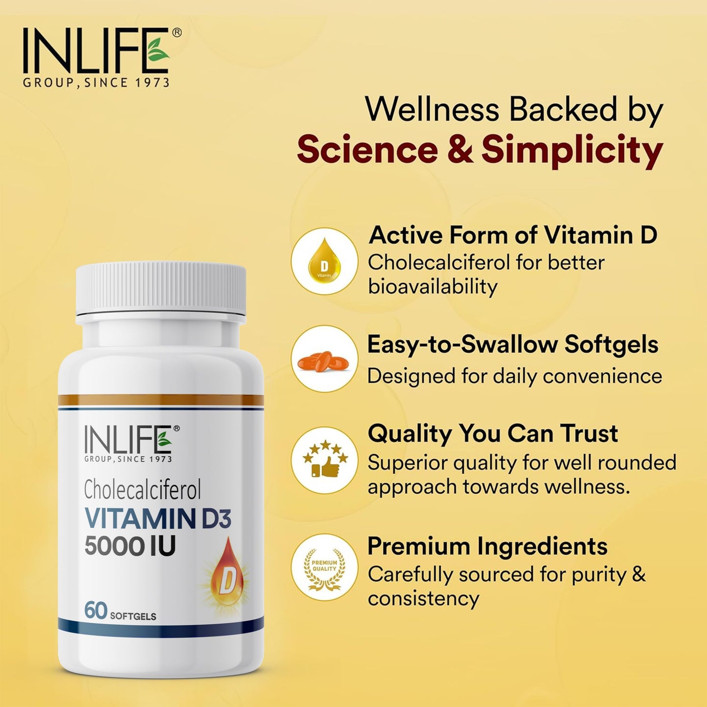 INLIFE Vitamin D3 5000 IU Cholecalciferol with Coconut Oil Supplement for Better Absorption, For Men & Women, Immunity, Bone Health, Muscles - 60 Softgels