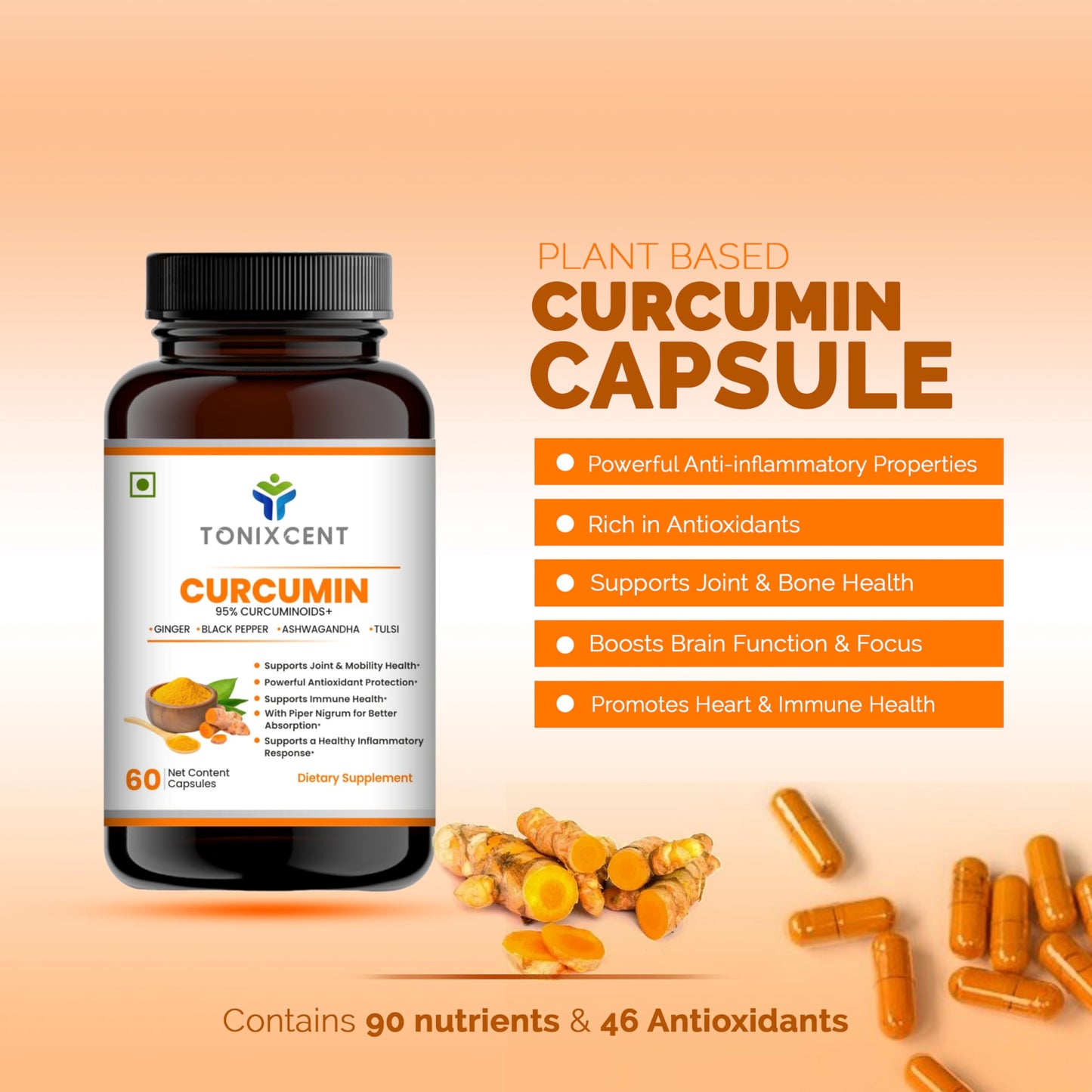 TONIXCENT Anti-Inflammatory Nutrition Duo | Curcumin & Moringa Capsules | Reduces Inflammation, Boosts Energy & Immunity | 60+60 Vegan Capsules
