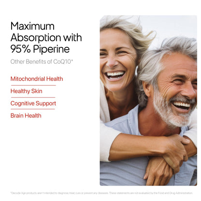 Decode Age CoQ10 100mg, Coenzyme Q10 with Piperine, 99% Pure, Higher Energy Levels, Antioxidant, Healthy Heart, 60 Veg Capsules