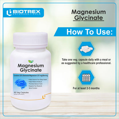 Biotrex Nutraceuticals Magnesium Glycinate | Highest Bioavailability | Cramps, Sleep & Mood balance | Chelated Form With Superior Absorption | Muscle Recovery & Nerve Function | 60 Veg Capsules