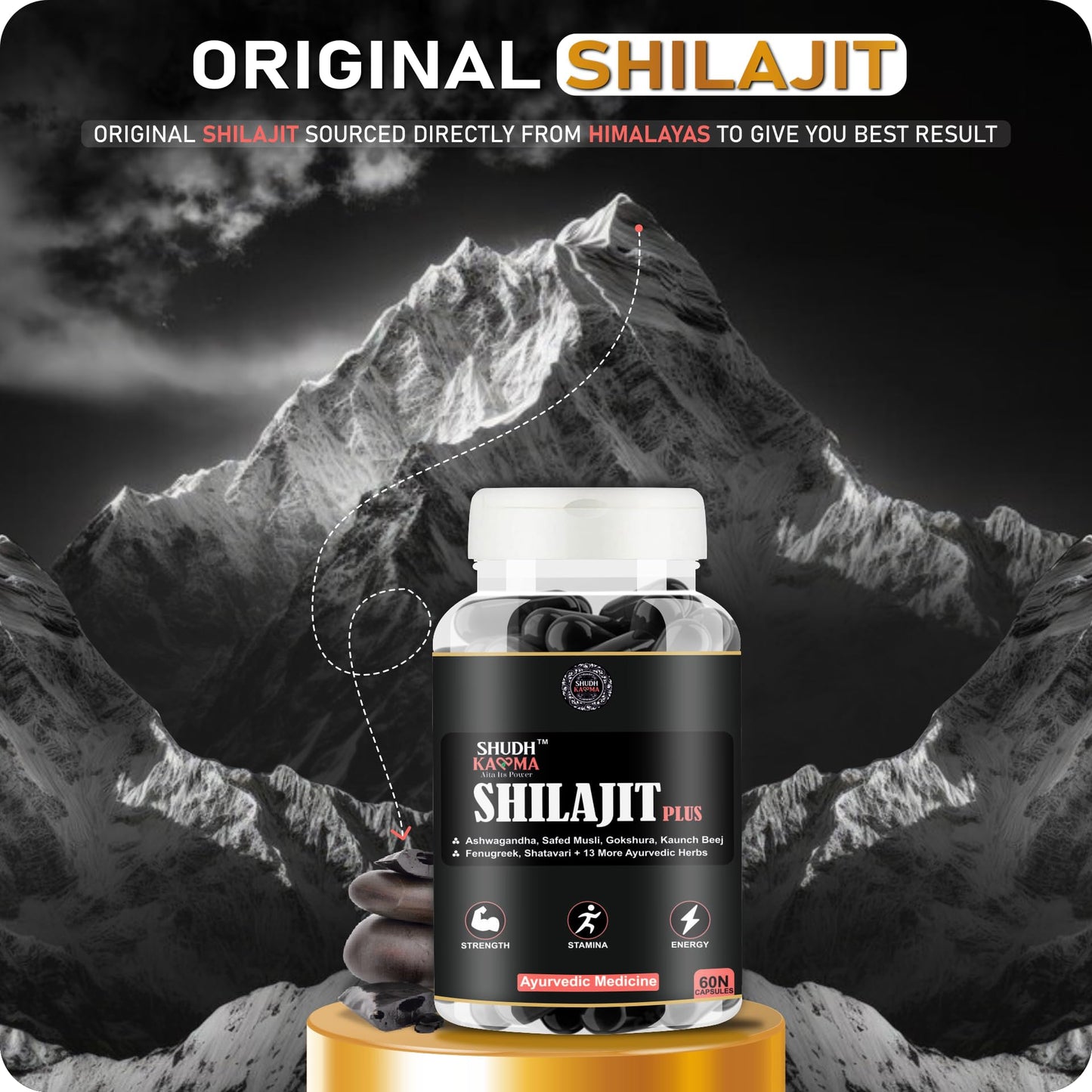 Shudh Kaama Shilajit Plus - AYUSH certified Original Himalayan Shilajit with Ashwagandha, Gokshura, Safed Musli for Strength & Muscle Gain - 60 Capsules