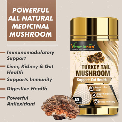 Vitaminnica Turkey Tail Mushroom Supplement 500mg- 60 High Strength Vegan Capsules | Nootropics for Gut Health