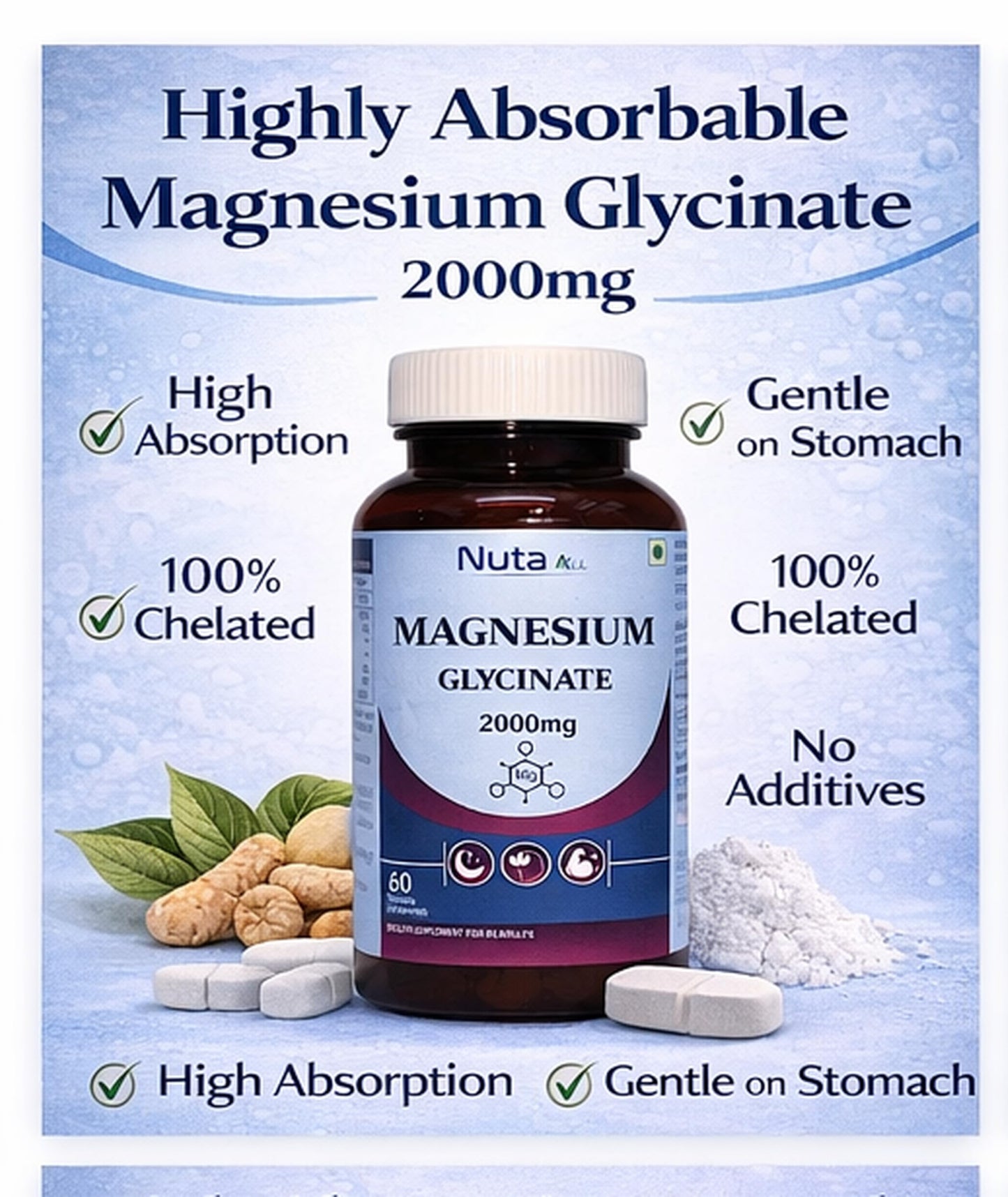 Magnesium Glycinate 2000mg Tablets for Adults | High Absorption Magnesium Supplement | Supports Sleep, Muscle Recovery & Stress Relief | 60 Tablets