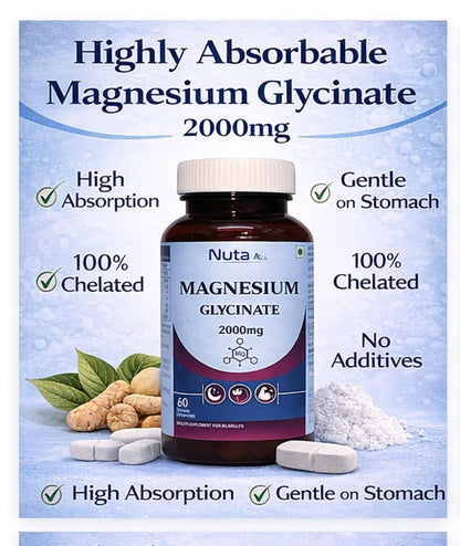 Magnesium Glycinate 2000mg Tablets for Adults | High Absorption Magnesium Supplement | Supports Sleep, Muscle Recovery & Stress Relief | 60 Tablets