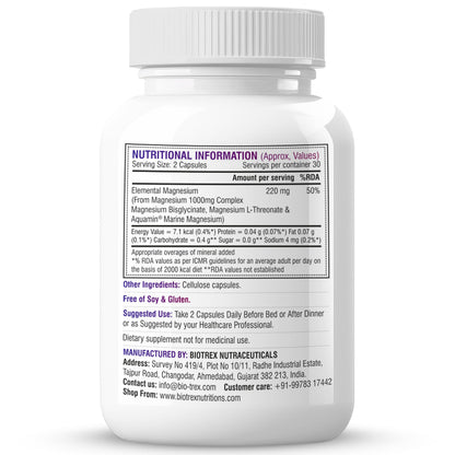 Biotrex Nutraceuticals Trio Magnesium Complex Enriched With Magnesium L- Threonate, Aquamin Citrate & Magnesium Glycinate, Highly Bioavailable Forms of Magnesium, Supports Healthy Nerve & Brain Health, Supports Healthy Sleep - 60 Veg Capsules