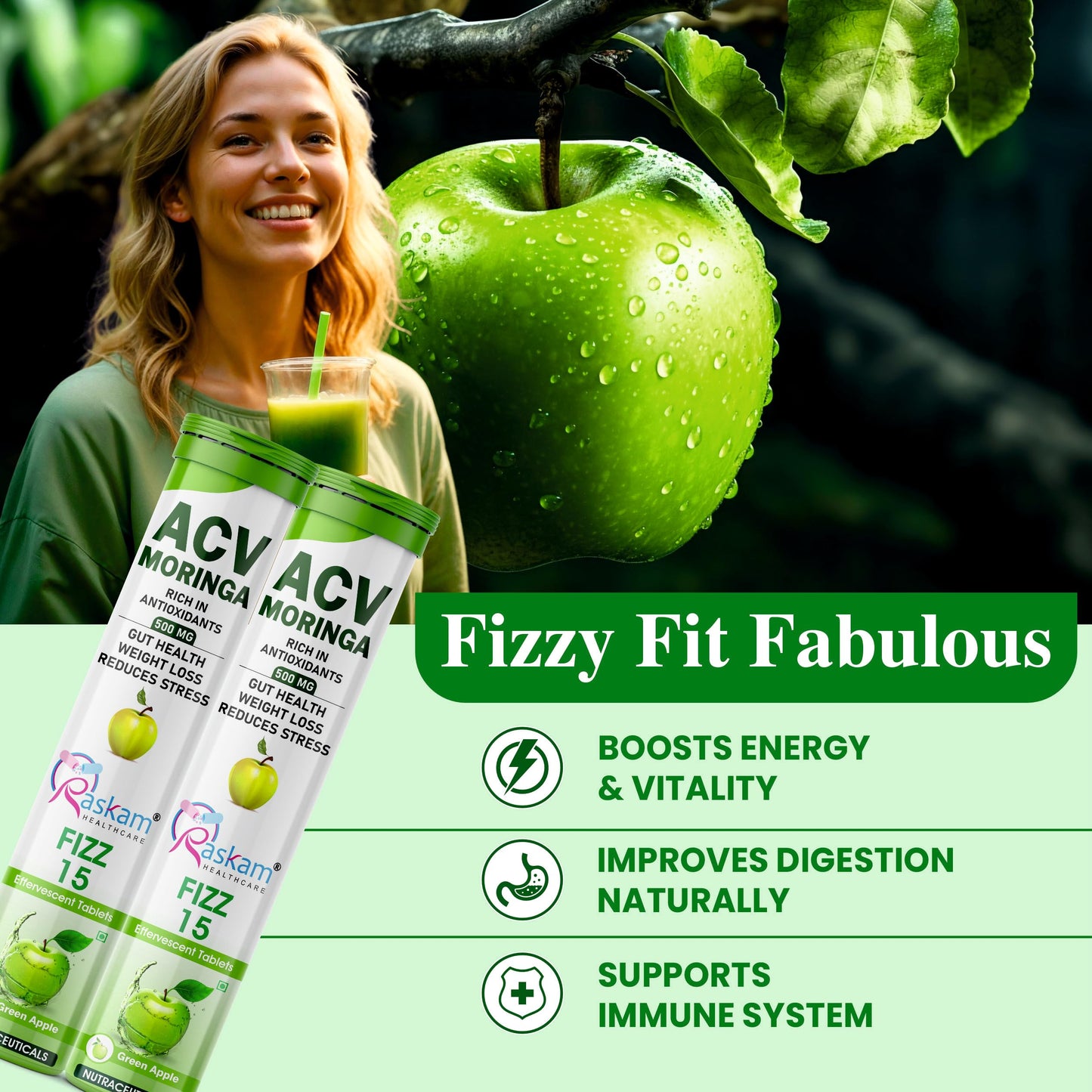 ACV Moringa Effervescent Tablets 500mg Apple Cider Vinegar with Moringa No Added Sugar for Gut Health Weight Loss Green Apple Flavor Pack of 4 (15 Tablets Each)