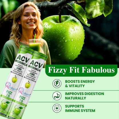 ACV Moringa Effervescent Tablets 500mg Apple Cider Vinegar with Moringa No Added Sugar for Gut Health Weight Loss Green Apple Flavor Pack of 4 (15 Tablets Each)