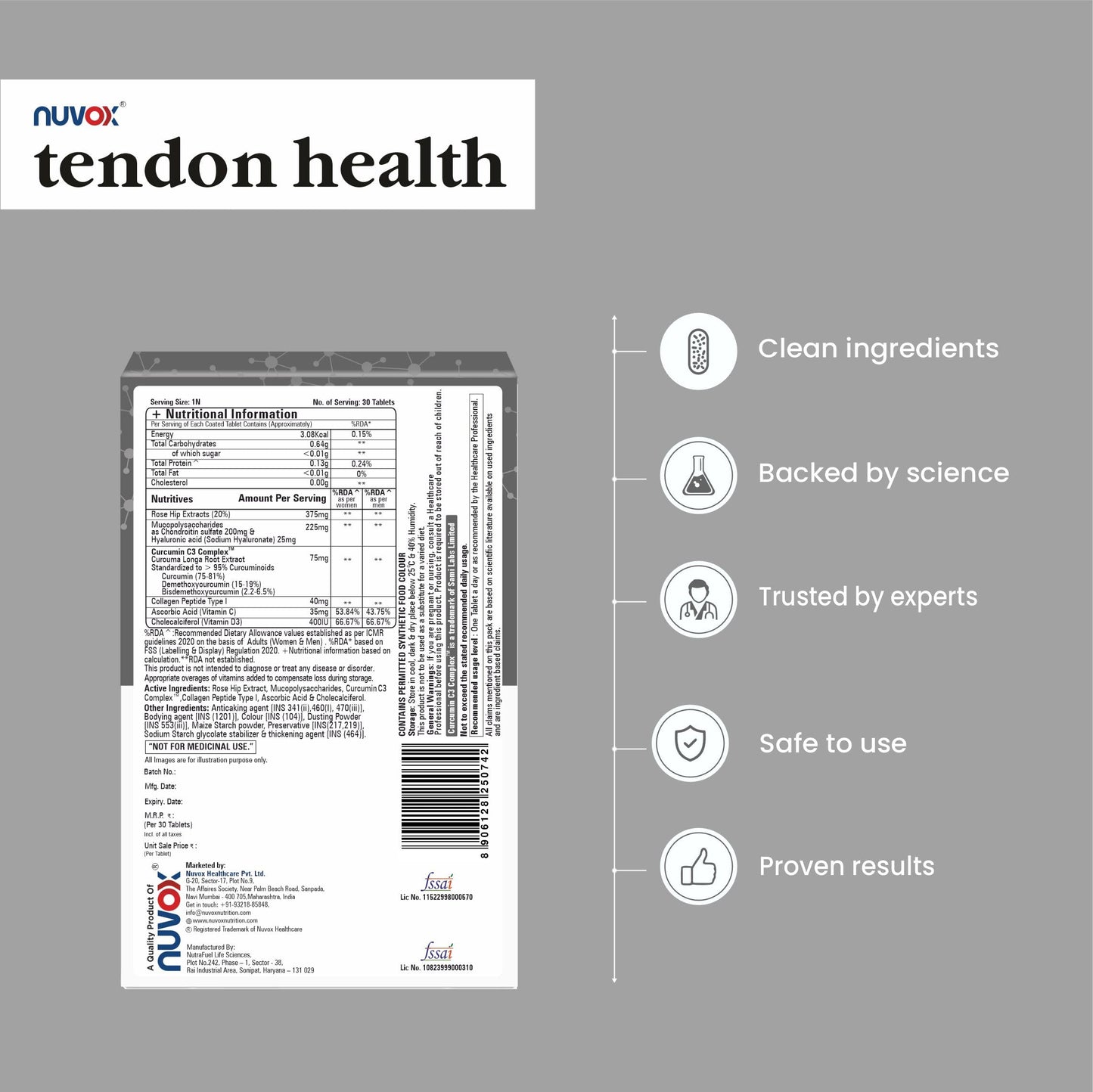 NUVOX Tendon Health, Joint Cartilage & Ligament Care, blend of Rosehip extract, Monosaccharides, Collagen, CurcuminC3 Complex & Vitamins (Pack of 1 count, 30 Tablets)