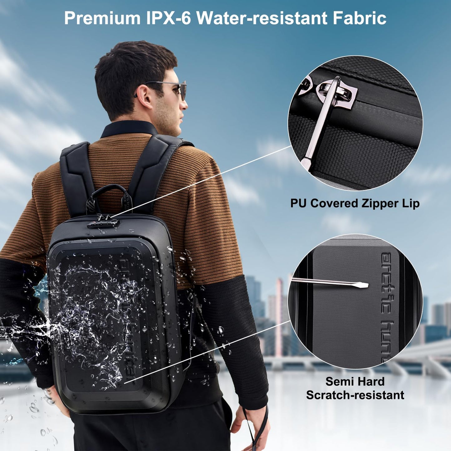 Arctic Hunter Slim Backpack for Men 18L Semi-hard 15.6" Laptop Bag Anti-theft Backpack with Lock with Inner Bottle Pocket Water-resistant Smart Gaming Backpack for Business Daily College Use, Black