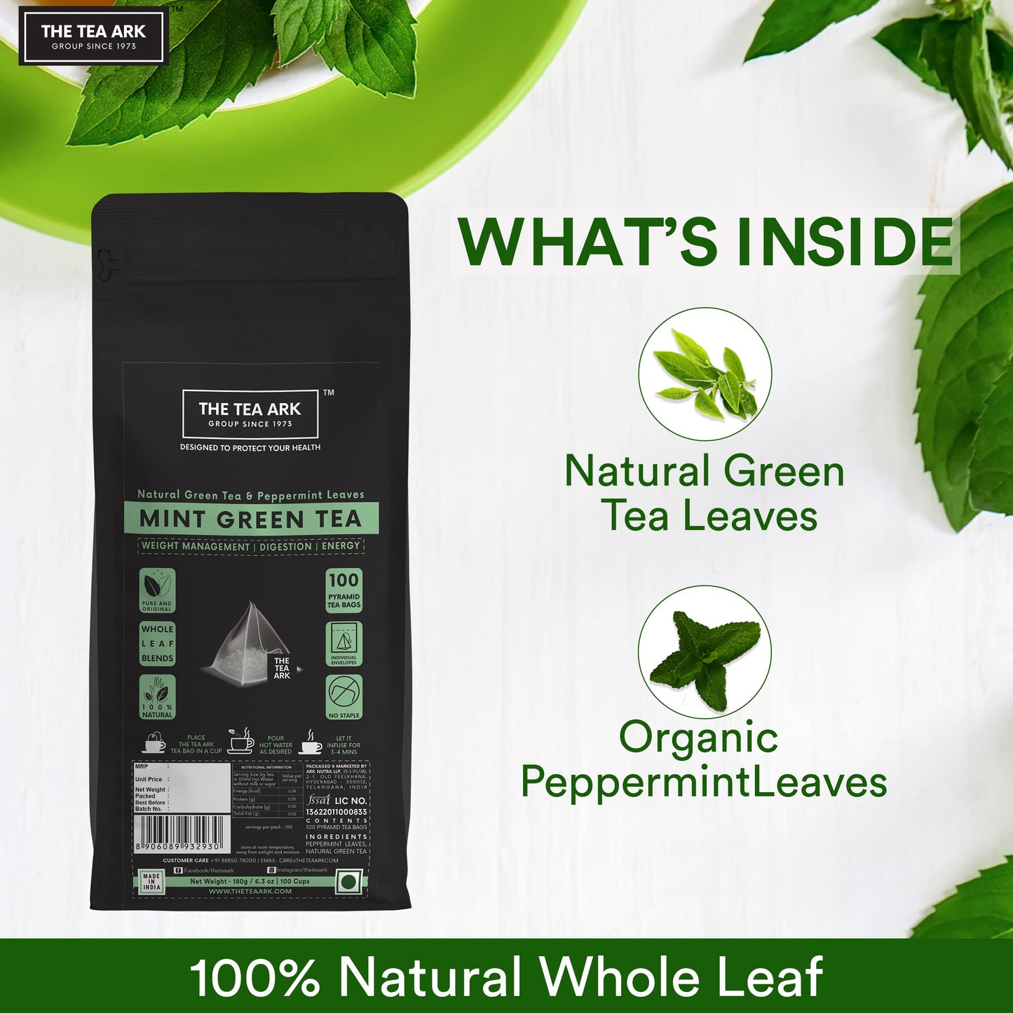 The Tea Ark Mint Green Tea Bags (100 Count) | Natural Herbal Whole Leaf Tea | Individually Wrapped Pyramid Tea Bags