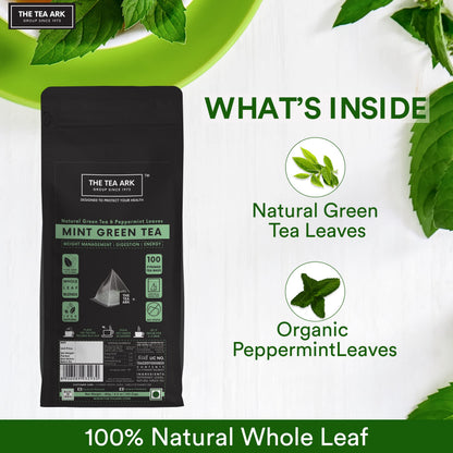The Tea Ark Mint Green Tea Bags (100 Count) | Natural Herbal Whole Leaf Tea | Individually Wrapped Pyramid Tea Bags