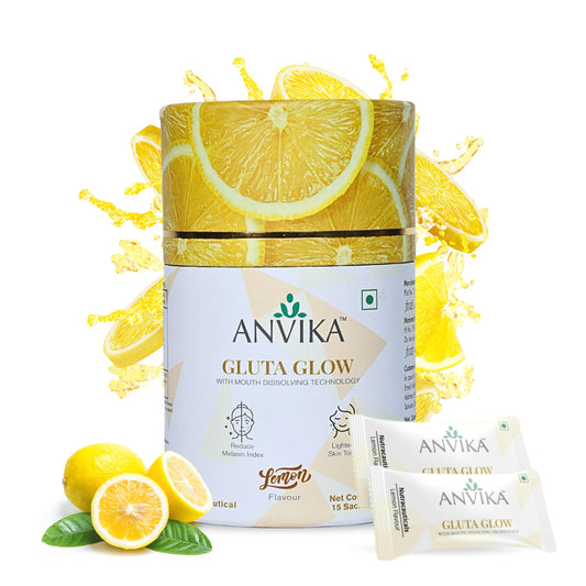 Anvika Gluta Glow with L-Glutathione & Vitamin C | Skin Brightening & Antioxidant Support | Lemon Flavor | Mouth dissolving Glutathione | 15 Sachet