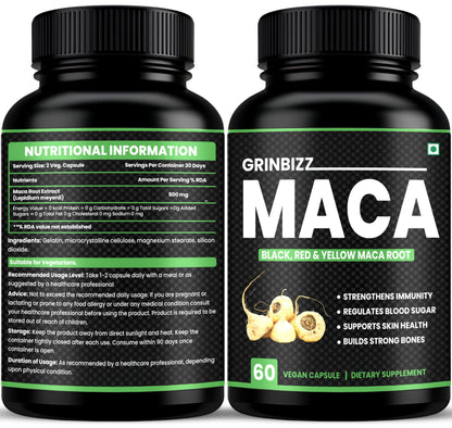 Grinbizz Maca Root Capsules | Black, Red & Yellow Maca Extract | Supports Energy, Stamina, Hormonal Balance & Immunity | Herbal Natural Supplement | 60 Vegan Capsules