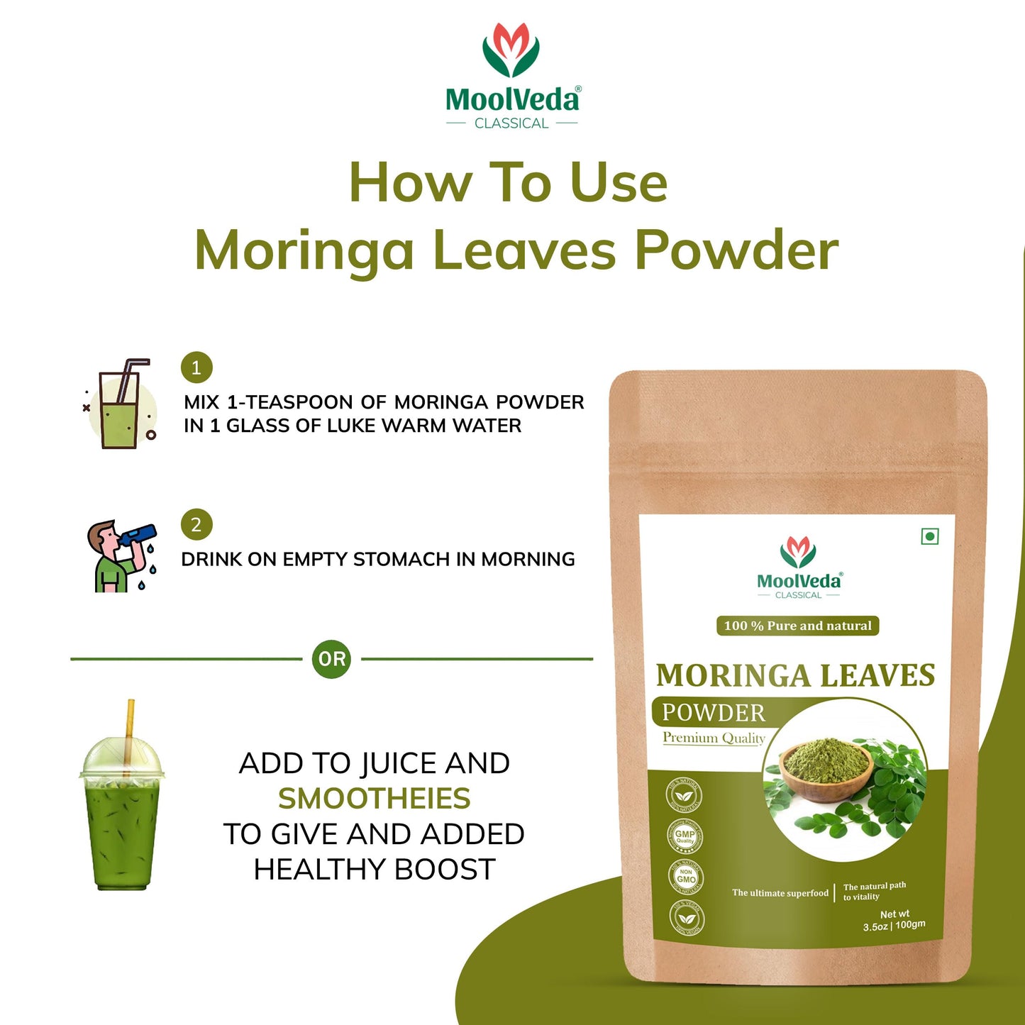 Moolveda Pure Moringa(Moringa oleifera) Leaves Powder For Natural Energy & Nutrient Boost with Nature's Best Superfood, 100gm
