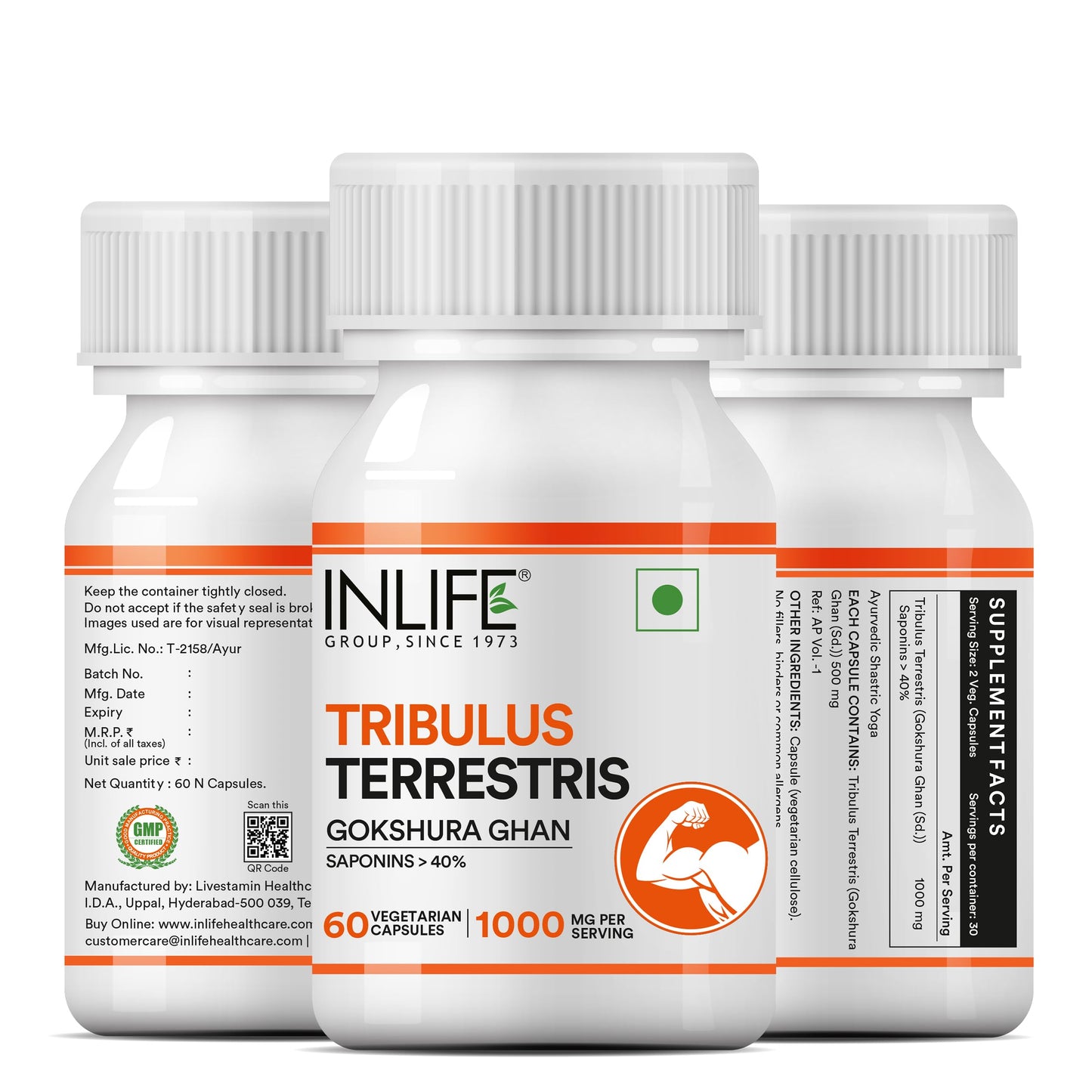 INLIFE Tribulus Terrestris Gokshura 1000mg, Men Stamina, 60 Veg Capsules (Pack of 1, 60)