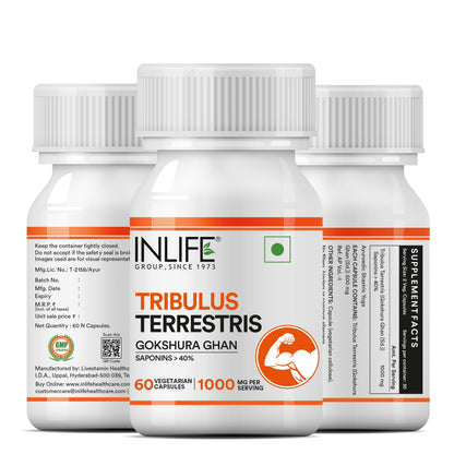 INLIFE Tribulus Terrestris Gokshura 1000mg, Men Stamina, 60 Veg Capsules (Pack of 1, 60)